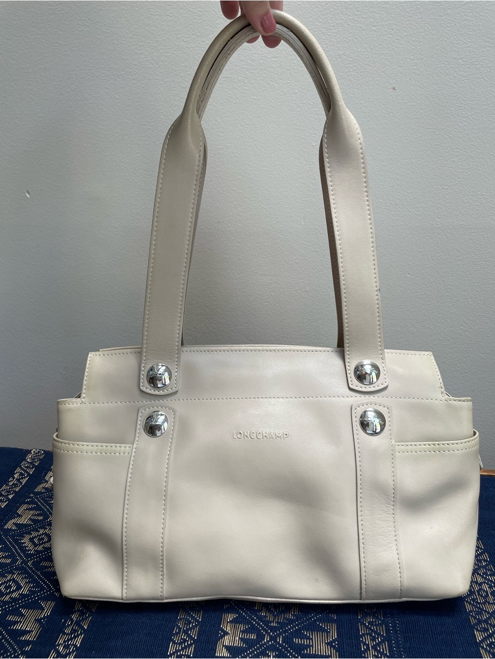 VTG Longchamp Neutral Cream All Leather Shoulder Bag Silver Tone Logo Accents